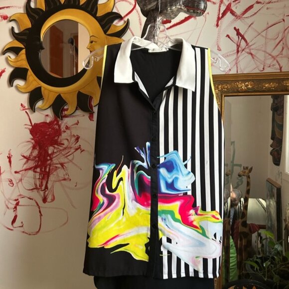 Maloka Black and White Abstract Blouse Small - Picture 4 of 15